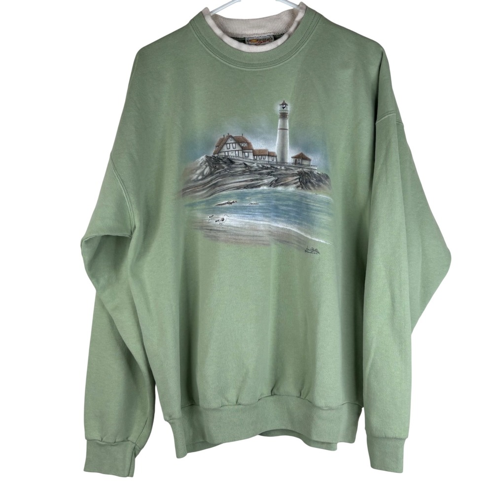 Vintage Lighthouse Sweatshirt Large Sage Green Morning Sun Graphic Double Collar